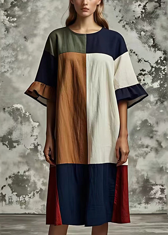 VCSHOES Colorblock Oversized Patchwork Cotton Dresses Flare Sleeve
