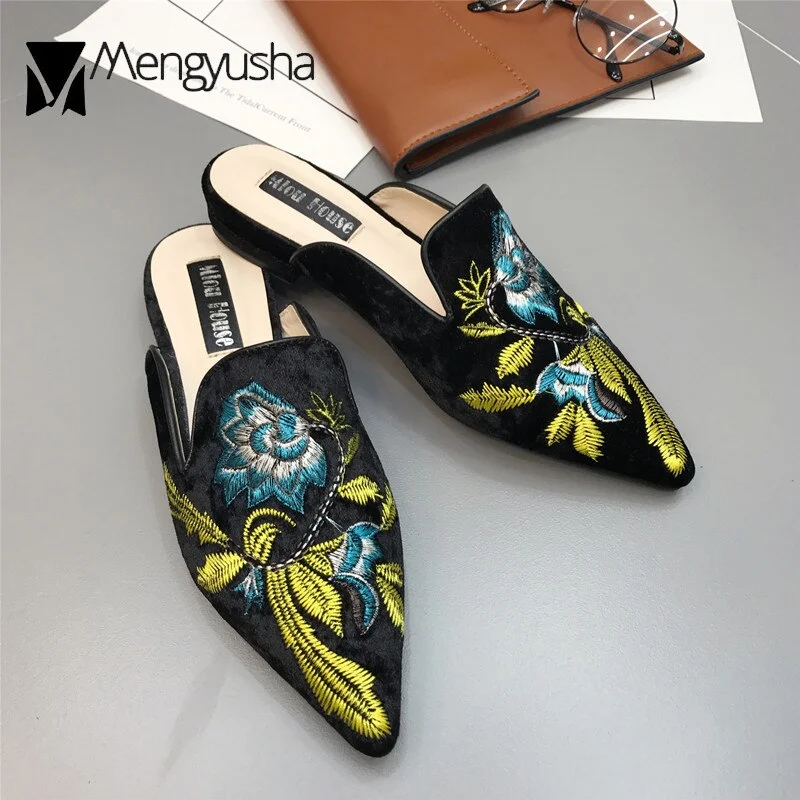 gold velvet mules shoes women embroidery flower slippers pointed toe flock flat moccasins embroider floral loafers flats 2019