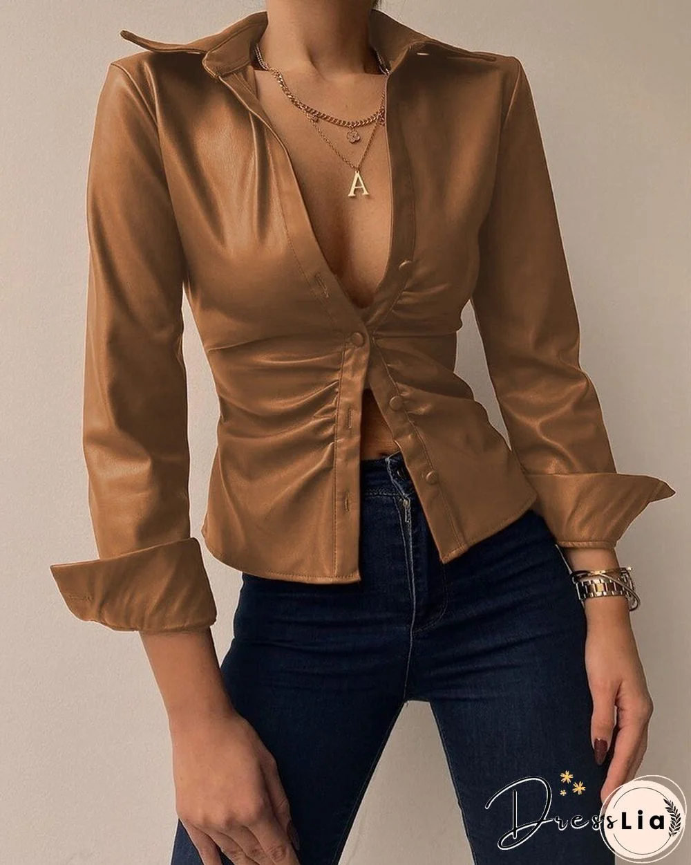 Spring Long-sleeved V-neck PU Leather Stitching Women's Leather Jacket Soldi Color Print Slim Coat Jackets For Women