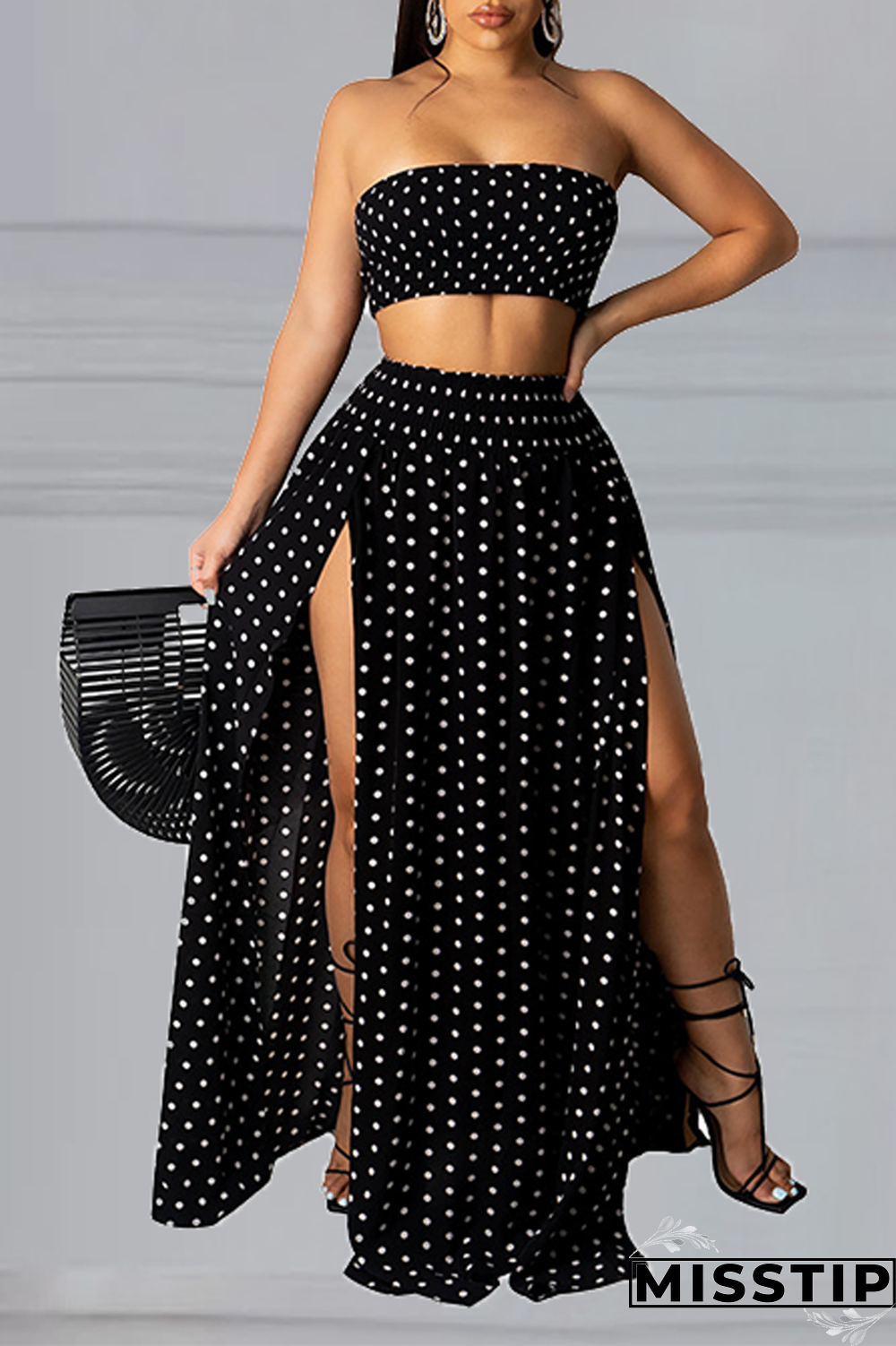 Yellow Sexy Dot High Opening Strapless Sleeveless Two Pieces