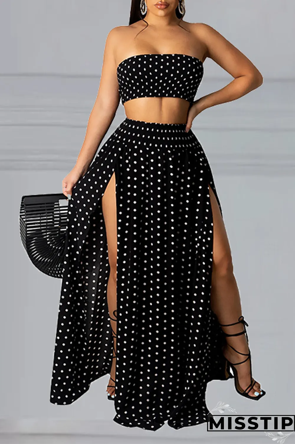 Yellow Sexy Dot High Opening Strapless Sleeveless Two Pieces