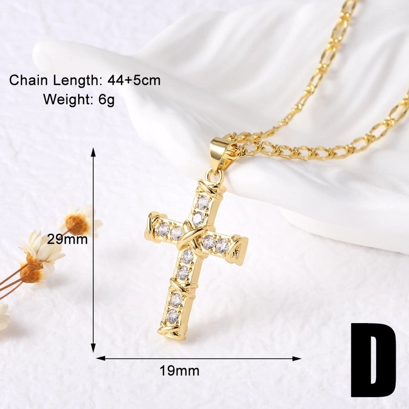 201 Stainless Steel Copper Cable Chain Box Chain 18K Gold Plated Inlay Cross Zircon Pendant Necklace