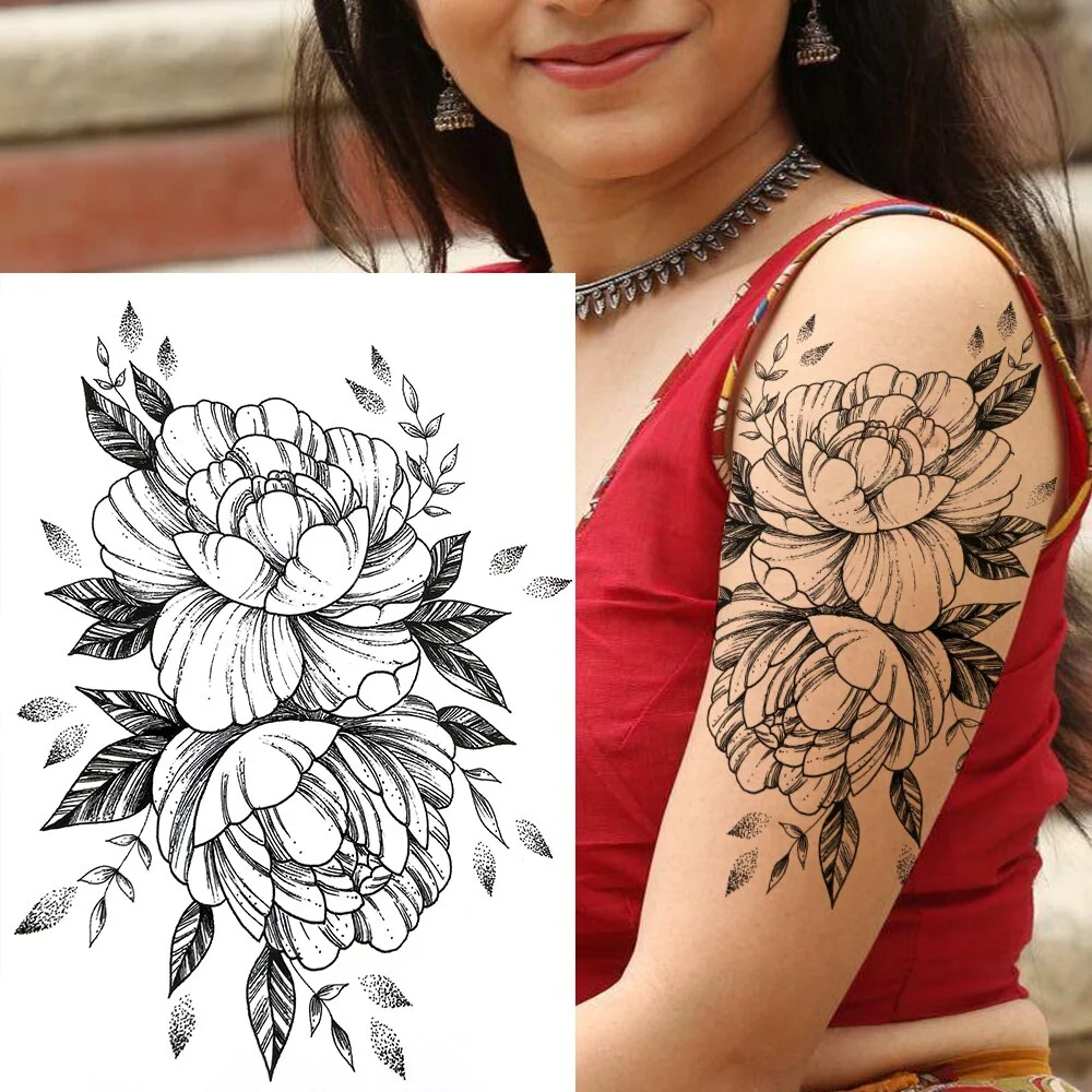 Sdrawing Lily Flower Temporary Tattoos For Women Adults Fake Lotus Orchid Dahlia Peony Tattoo Sticker Black Waterproof 3D Tatoos Arm
