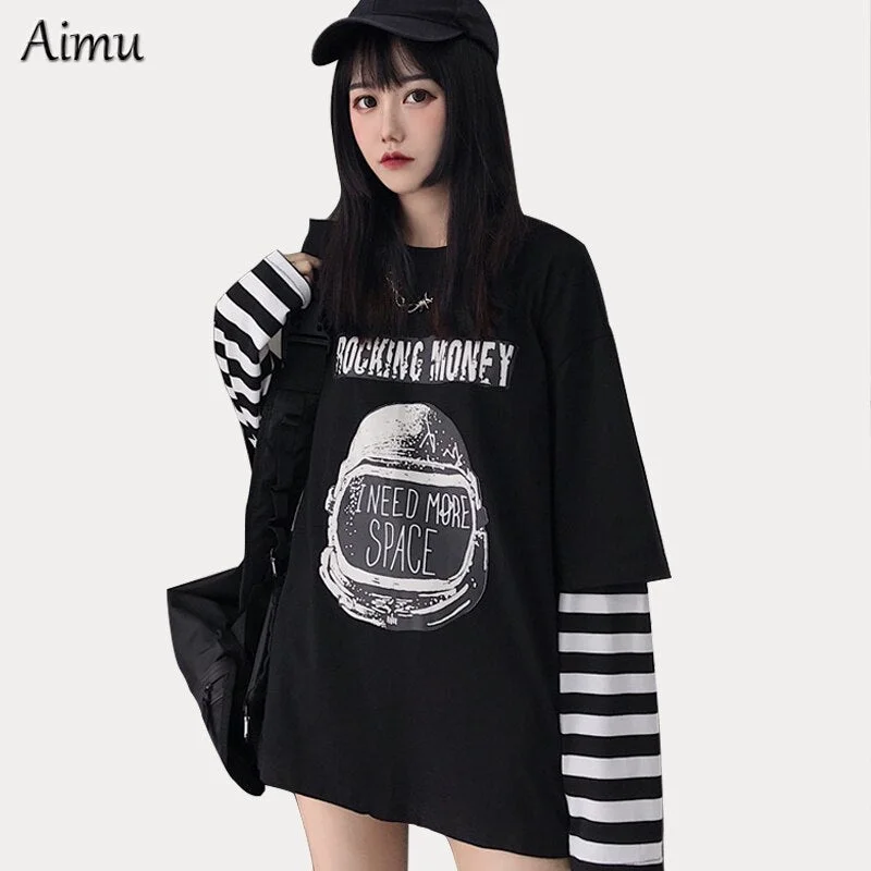 Fake two pieces t shirt 2021 spring Casual Letter Printed O-Neck stripe Patchwork oversized T-Shirts Women Long Sleeve black top