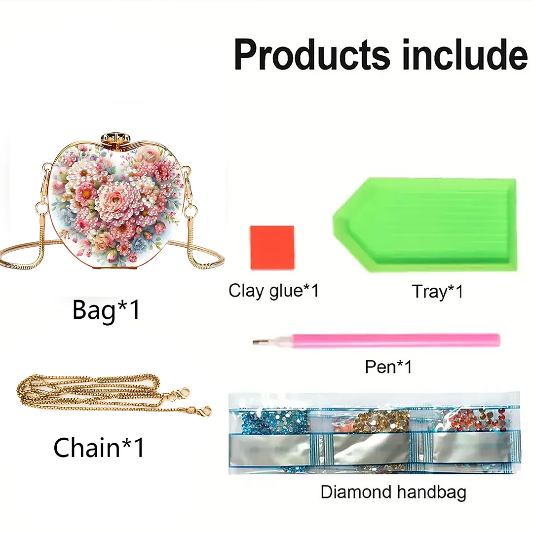 Flowers DIY Acrylic Love Diamond Art Painting Card Case Wallet with Chain Small Diamond Painting Crossbody Bag for Adults Women Girls Gift