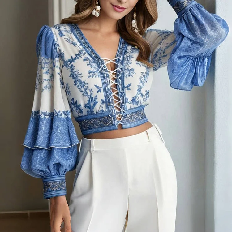 Retro Floral Deep V Neck Lace-Up Layered Lantern Sleeve Blouse