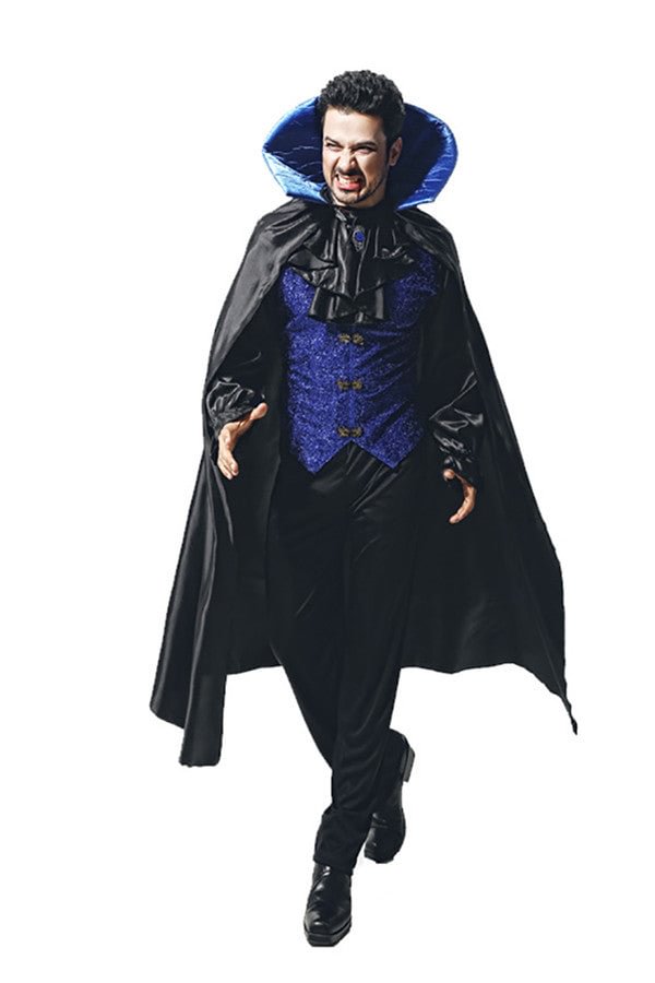 Cool Halloween Cosplay Mens Blue Vampire Costume With Hooded Cape-elleschic