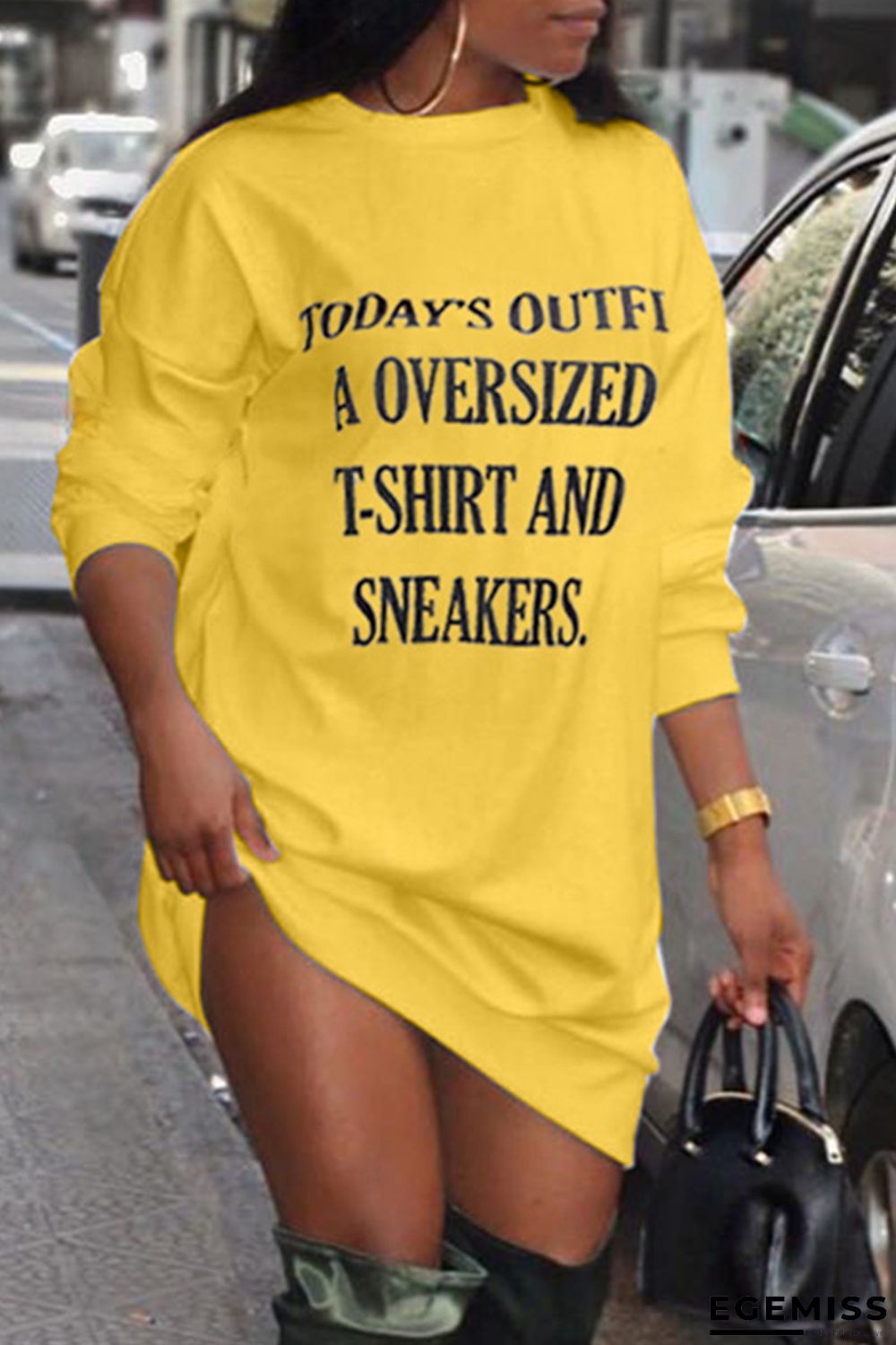 Yellow Fashion Casual Letter Print Basic O Neck Long Sleeve Plus Size Dresses | EGEMISS