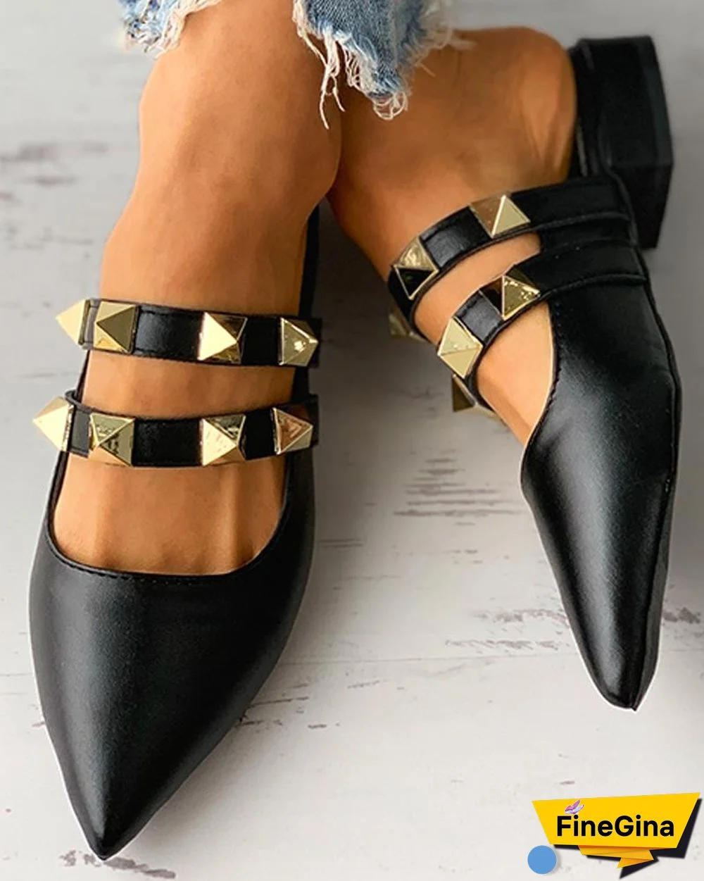 Double Strap Rivet Pointed Toe Slip-on Flats