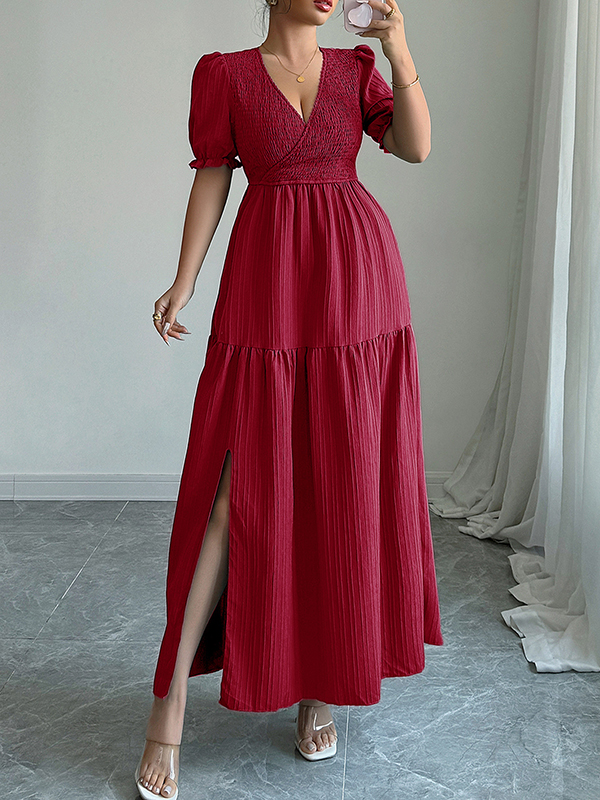 Split-Front Solid Color Pleated Loose High Waisted V-Neck Maxi Dresses BURGUNDY-L