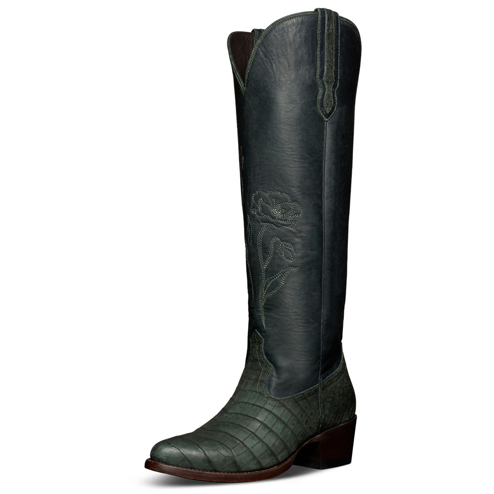 Dark Green Croco Embossed Snip Toe Floral Embroidered Knee High Boots
