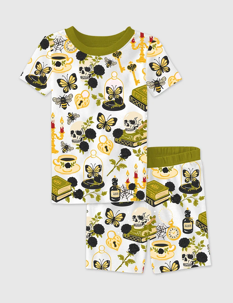 Kid's Dark Academia Halloween Skull Red Rose Gothic Witchy Spooky Cozy Aesthetic Print Short Sleeve Pajama Set