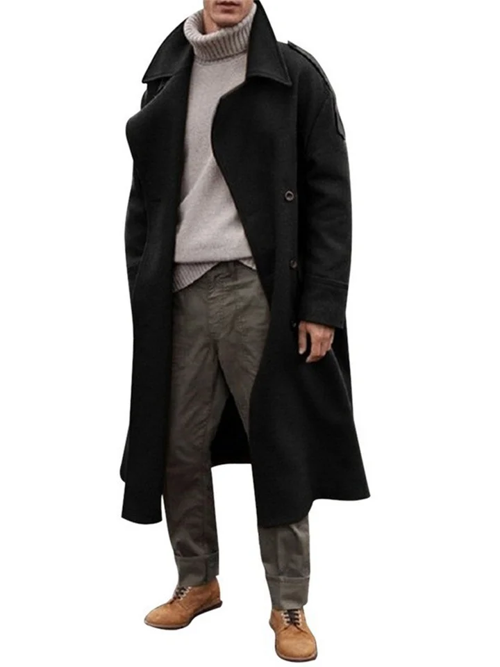 Casual Loose Men's Solid Color Single-breasted Lapel Extended Section Trench Coat Men's Coat Over The Knee Windbreaker-Cosfine