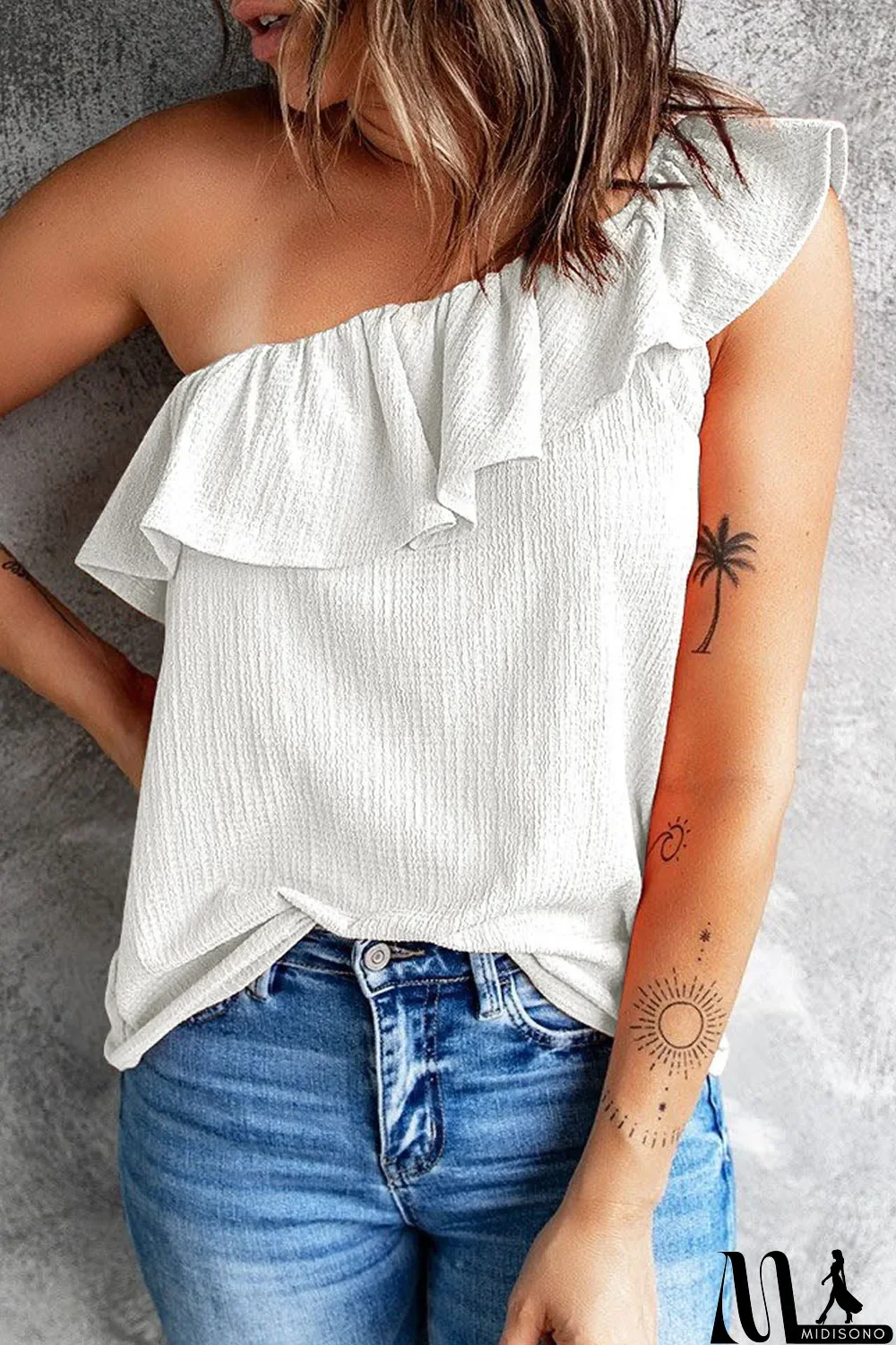 MidiSono - Ruffle One Shoulder Crinkle Tank