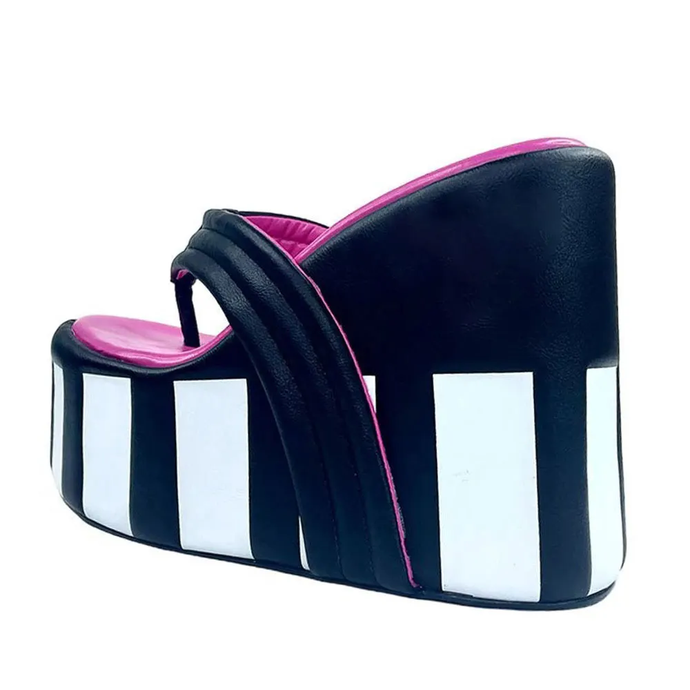 Black & White Round Toe Wedge High Heel Flip Flop Platfrom Sandals