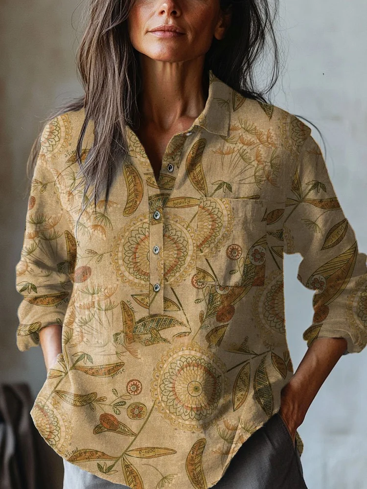 Women's   Floral  Art Print Casual Cotton And Linen Shirt