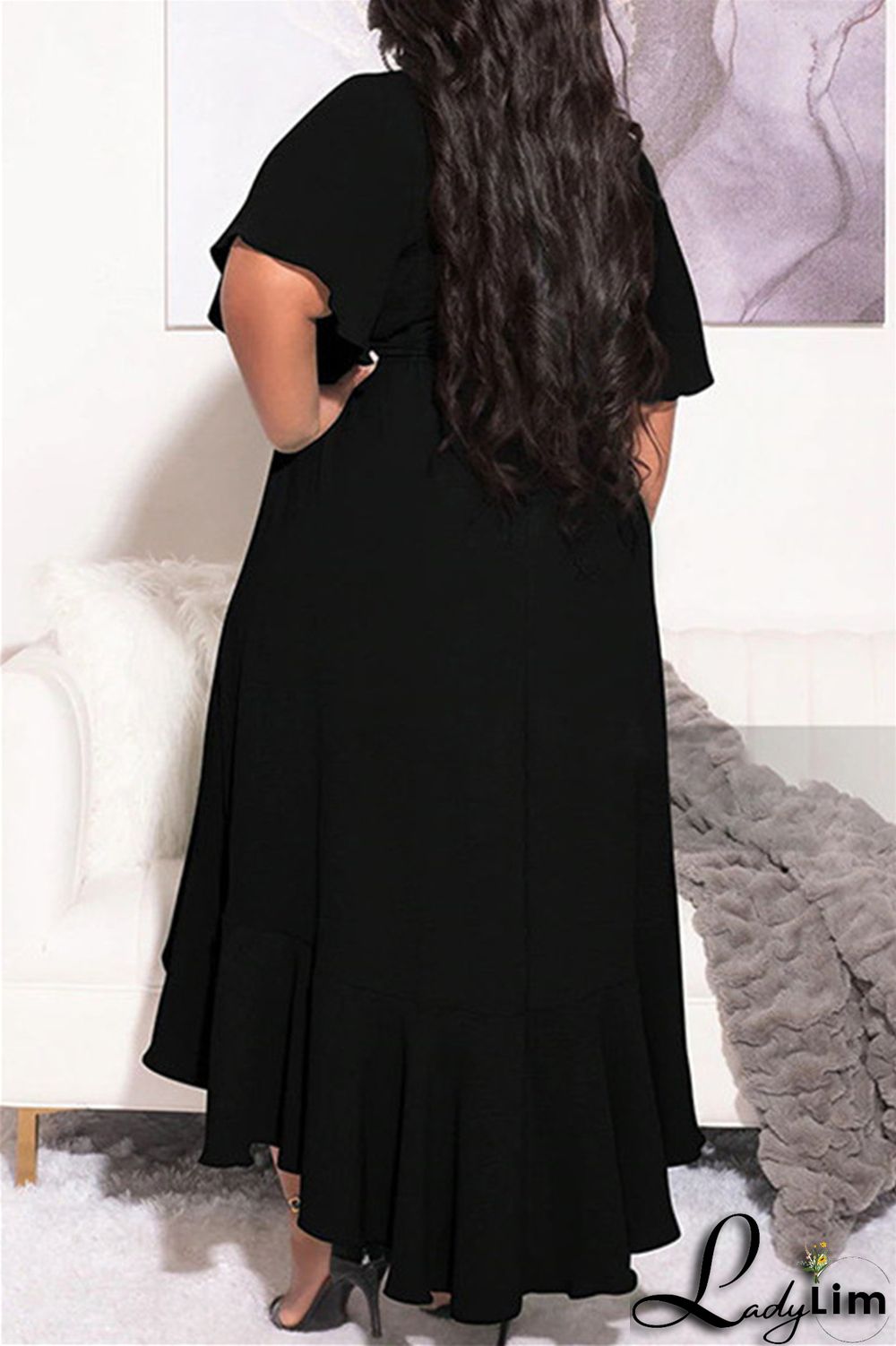 Blue Fashion Casual Solid Bandage Flounce V Neck Irregular Dress Plus Size Dresses