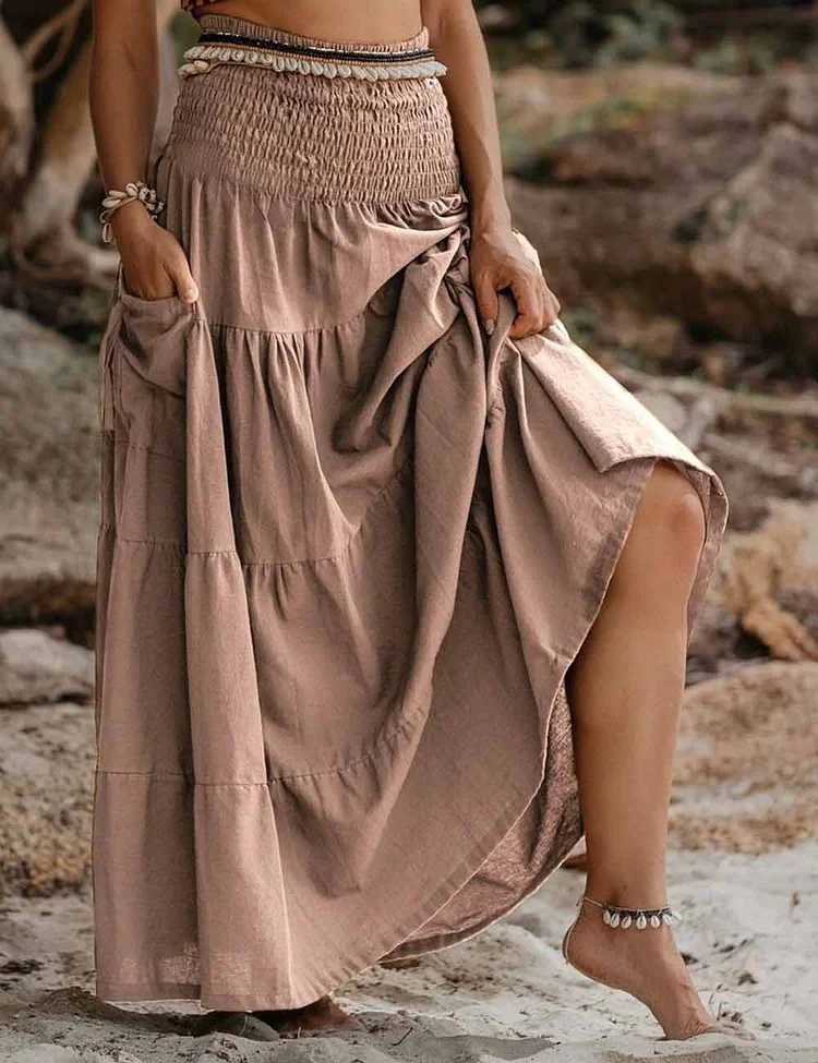 Ladies Boho Elastic Waist Smocking Pocket Ruched Maxi Skirt