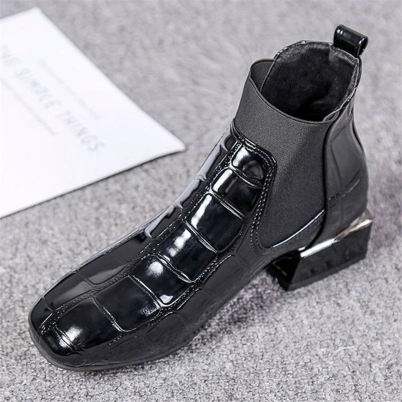 2021 Chic Women Boots Shiny PU Leather Autumn Winter Shoes Woman Spuare Toe Block Heels Ankle Boots Female Botas Zapatos Mujer