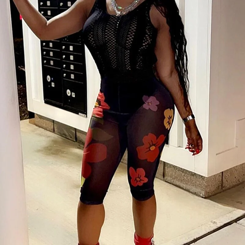 BIIKPIIK Flowers Print Skinny High Waist Shorts Women Fashion Streetwear Casual Knee-length Bottoms See-through Mesh Sexy Shorts