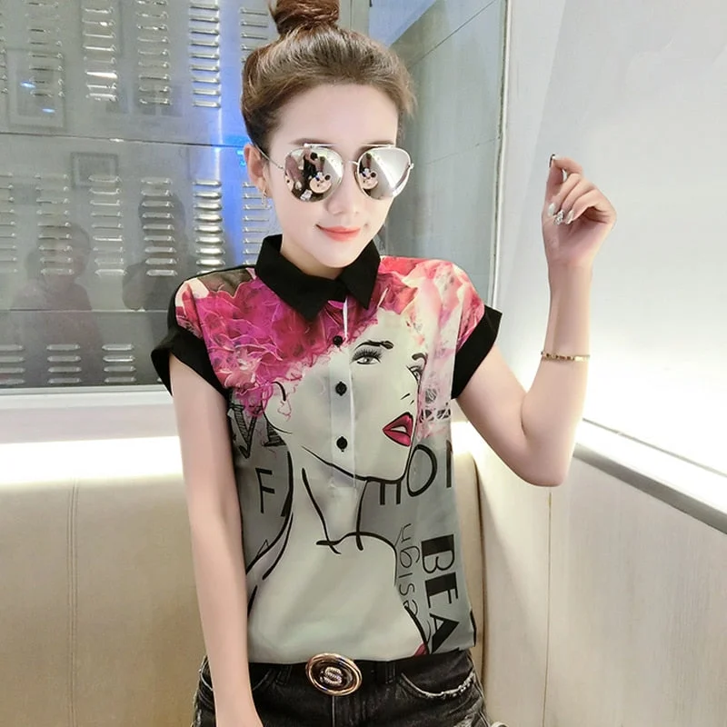 2021 Summer New Style Cool Black Printed Lapel Chiffon Blouse Short Sleeve O-Neck Loose Pullover Woman's Shirts Streetwear 10304