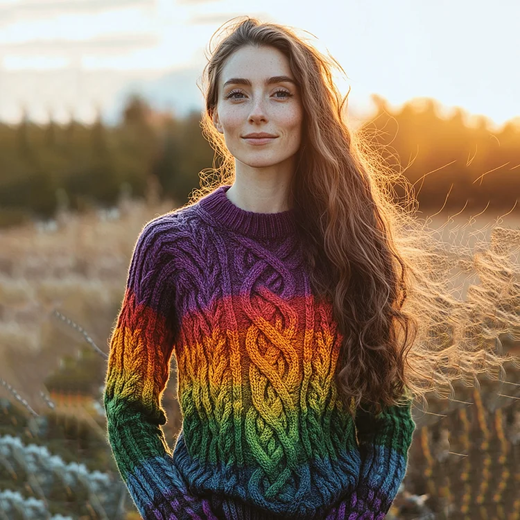 Classic Celtic Chunky Rainbow Color Round Neck Cozy Sweater