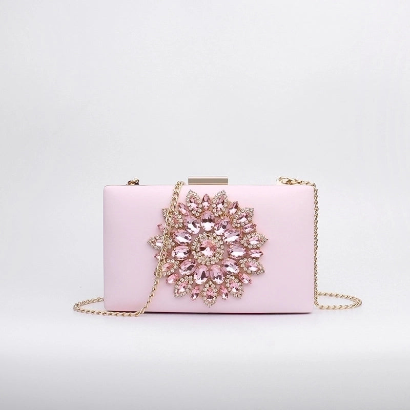 White Red Black Pu Leather Flower Rhinestone Square Evening Bags