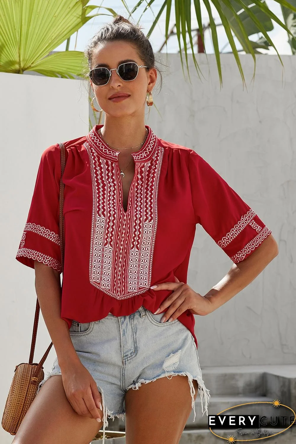 Red Elbow Length Sleeves Front Embroidery Blouse