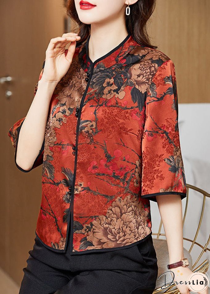 Vintage Red Mandarin Collar Print Silk Shirt Tops Half Sleeve