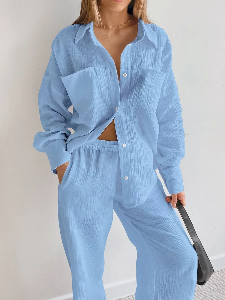 Women's 2024 Daily Set 2Piece Set 100% Cotton Long Sleeve Solid Shirt and Long Pants
