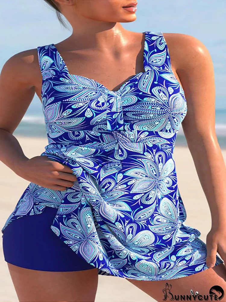 Graphic Printed Wide Straps Cross Strap Swimdress Set