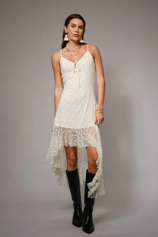 Ivory Lace High Low Hem Cami Tie Front Dress