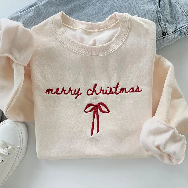 Embroidered Christmas Sweatshirt: Merry Christmas Bow Design