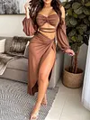 Stylish Off-The-Shoulder Long Sleeve Hollow Top&Split-Side Skirt Two-Piece Suit