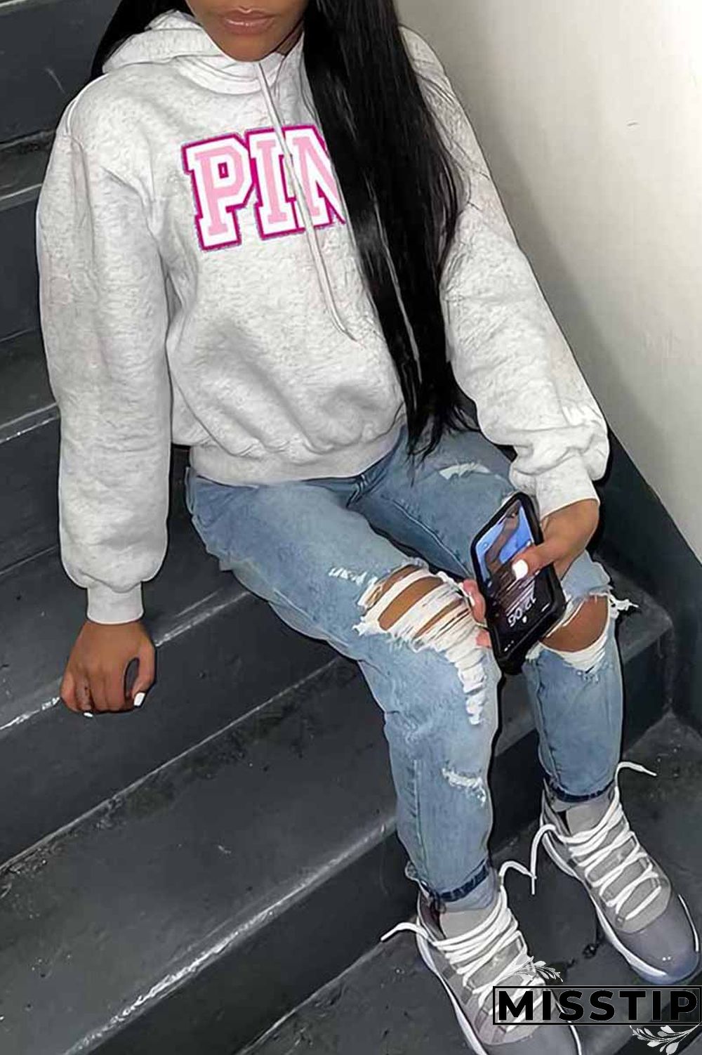 Grey Casual Print Letter Hooded Collar Tops