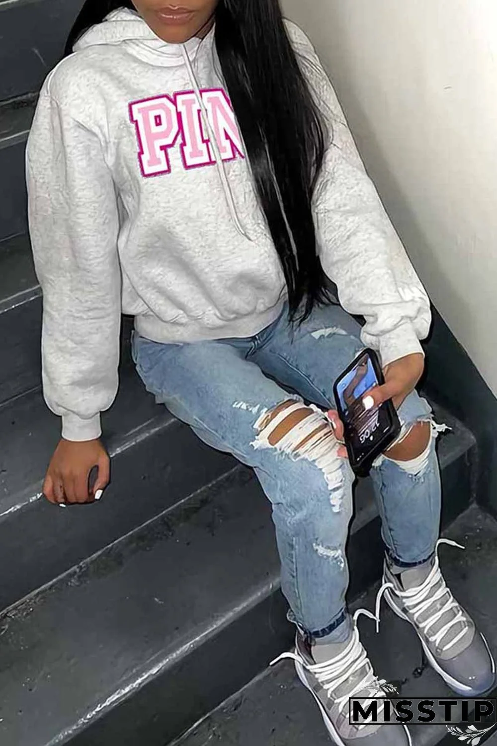 Grey Casual Print Letter Hooded Collar Tops