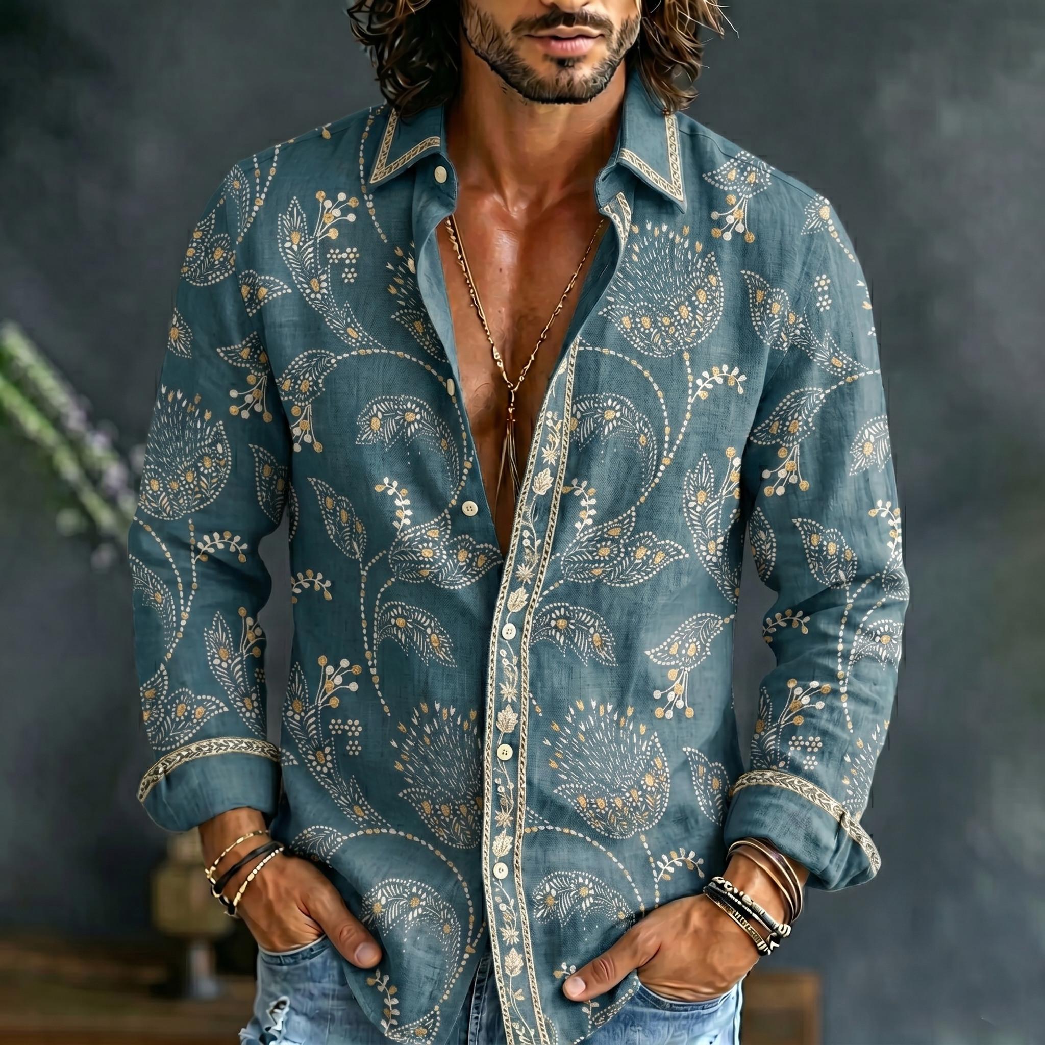 Comstylish Men's Vintage Floral Art Print Linen Blend Casual Shirt