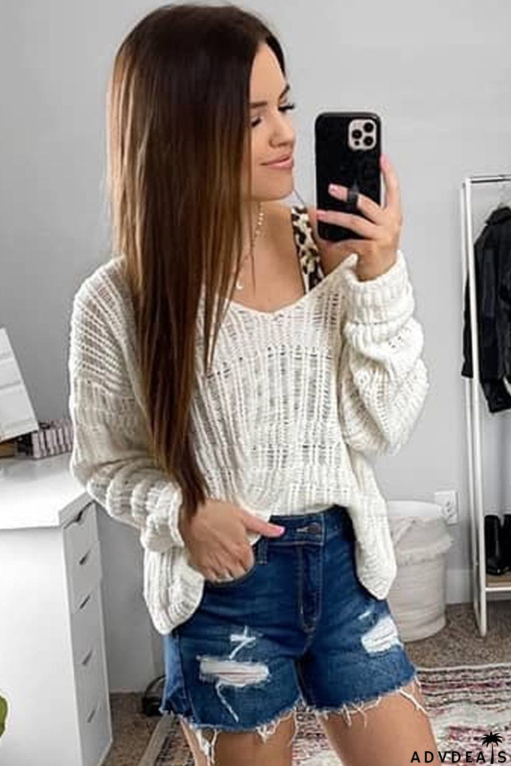 Loose Long Sleeve V Neck Open Knit Sweater