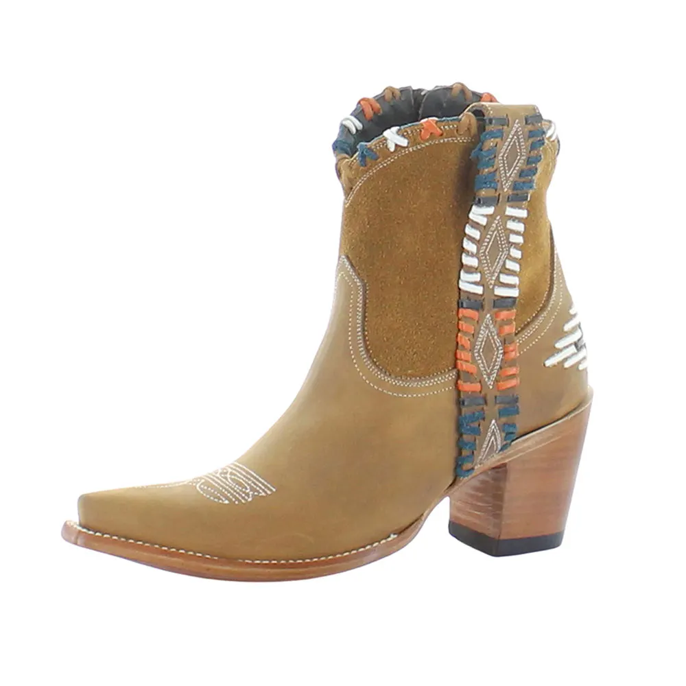 Brown Snip Toe Chunky Heel Zipper Embroidery Western Boots for Women