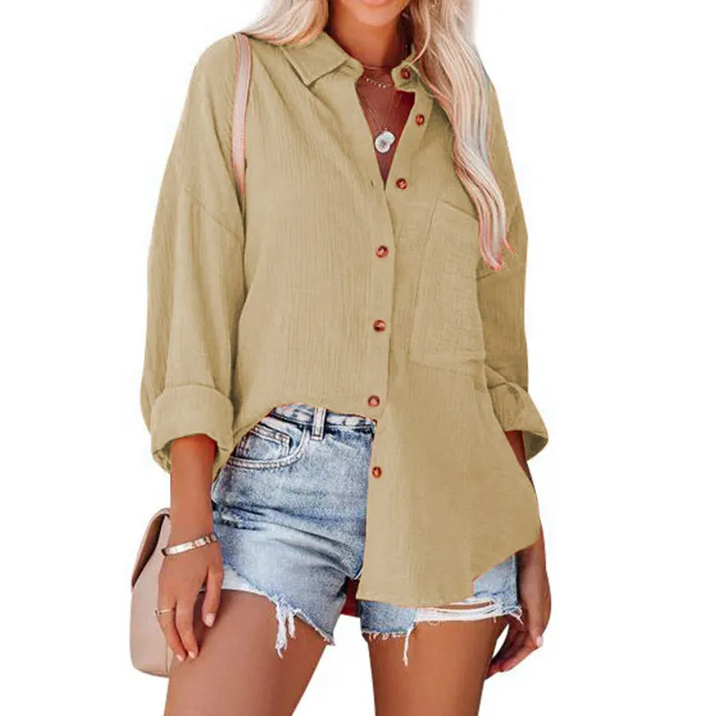 Textured Lapel Collar Button Down Oversized Long Sleeve Shirt