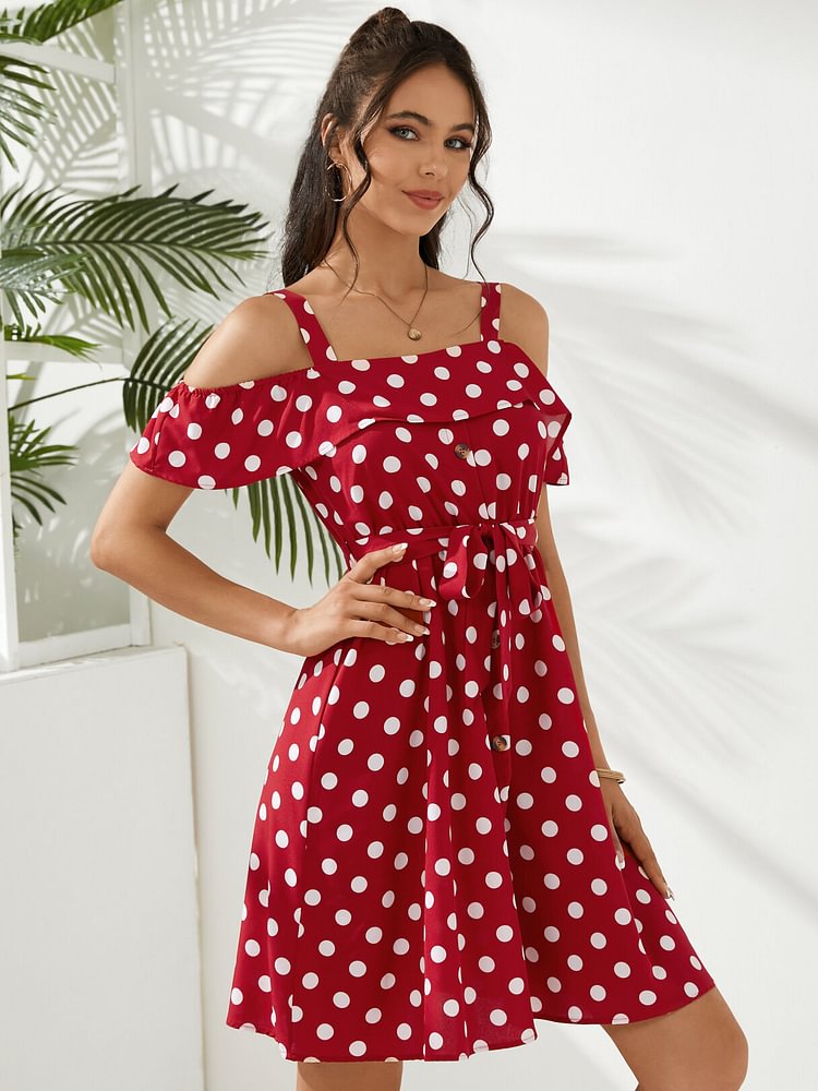 Polka Dot Belt Design Front Button Cold Shoulder Dress - Life is Beautiful for You - SheChoic