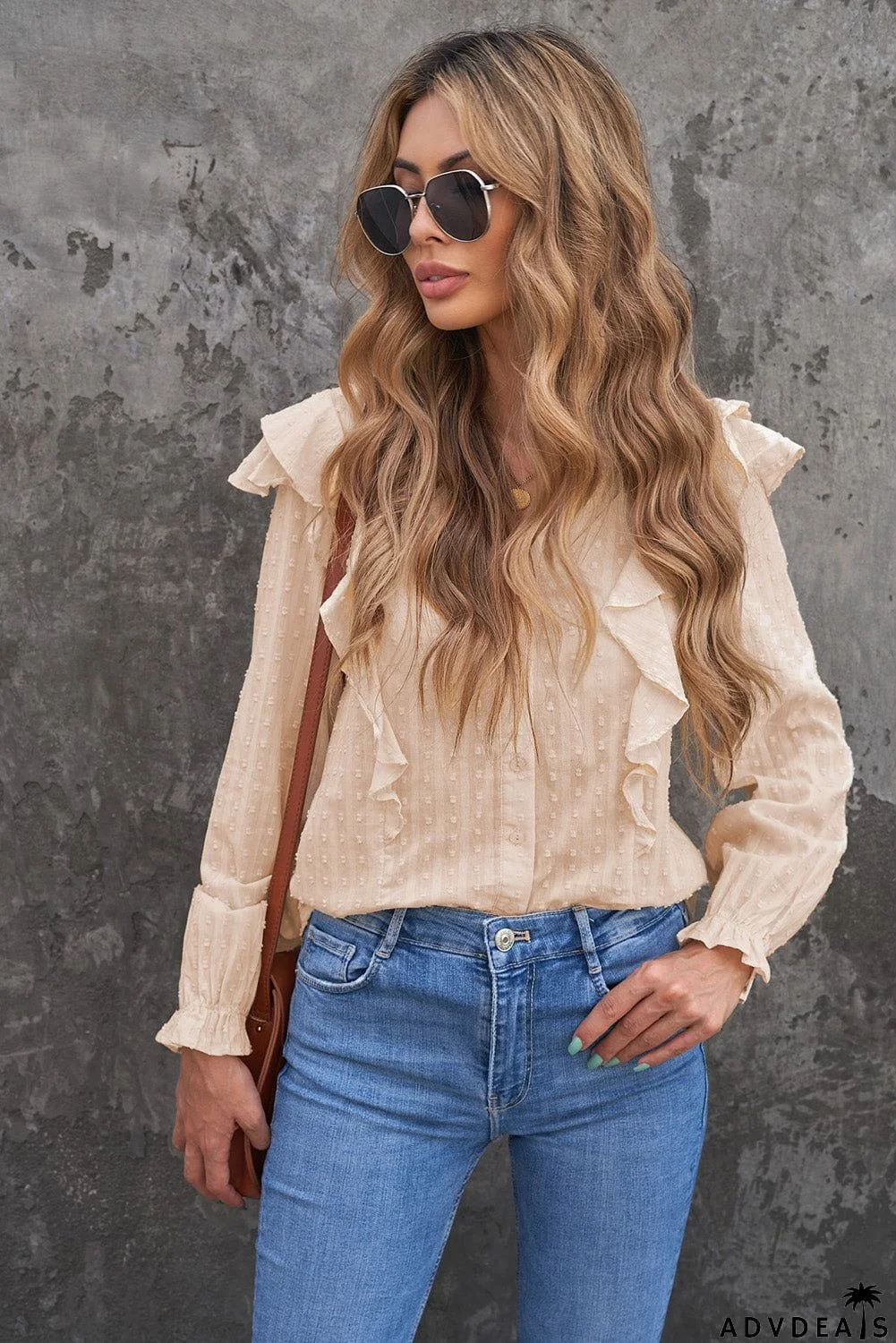 Dotted Texture Sheer Ruffles Bubble Sleeves Shirt