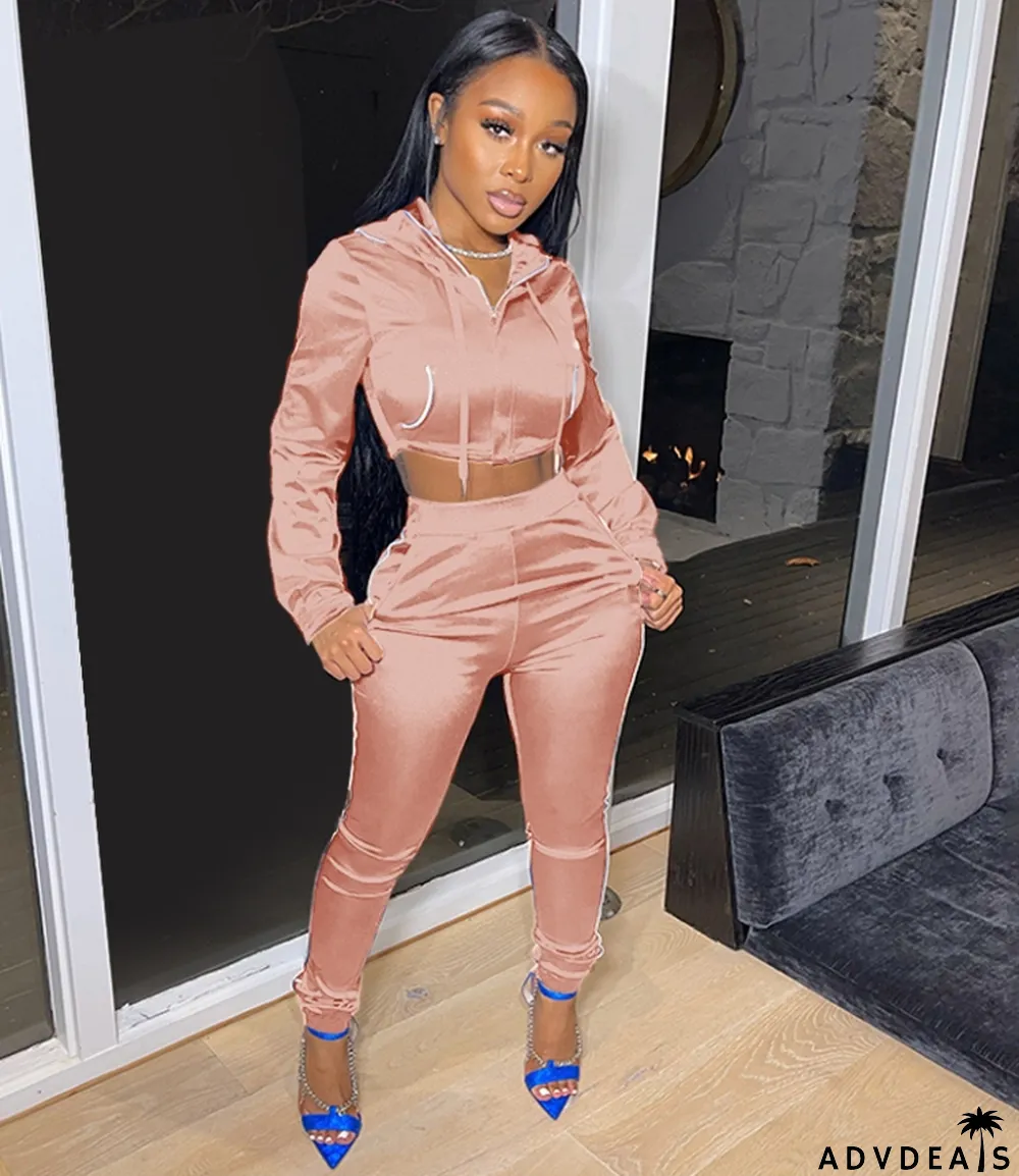 Fall Pink Hoodie Crop Top and Pants Tracksuit