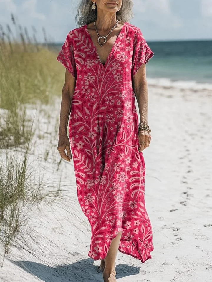 Pink Garden Floral Pattern Printed Women's Pocket Cotton Dress