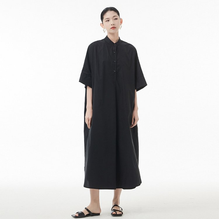 Simple Loose Solid Color Button Half Stand Collar Half Sleeve Dress      