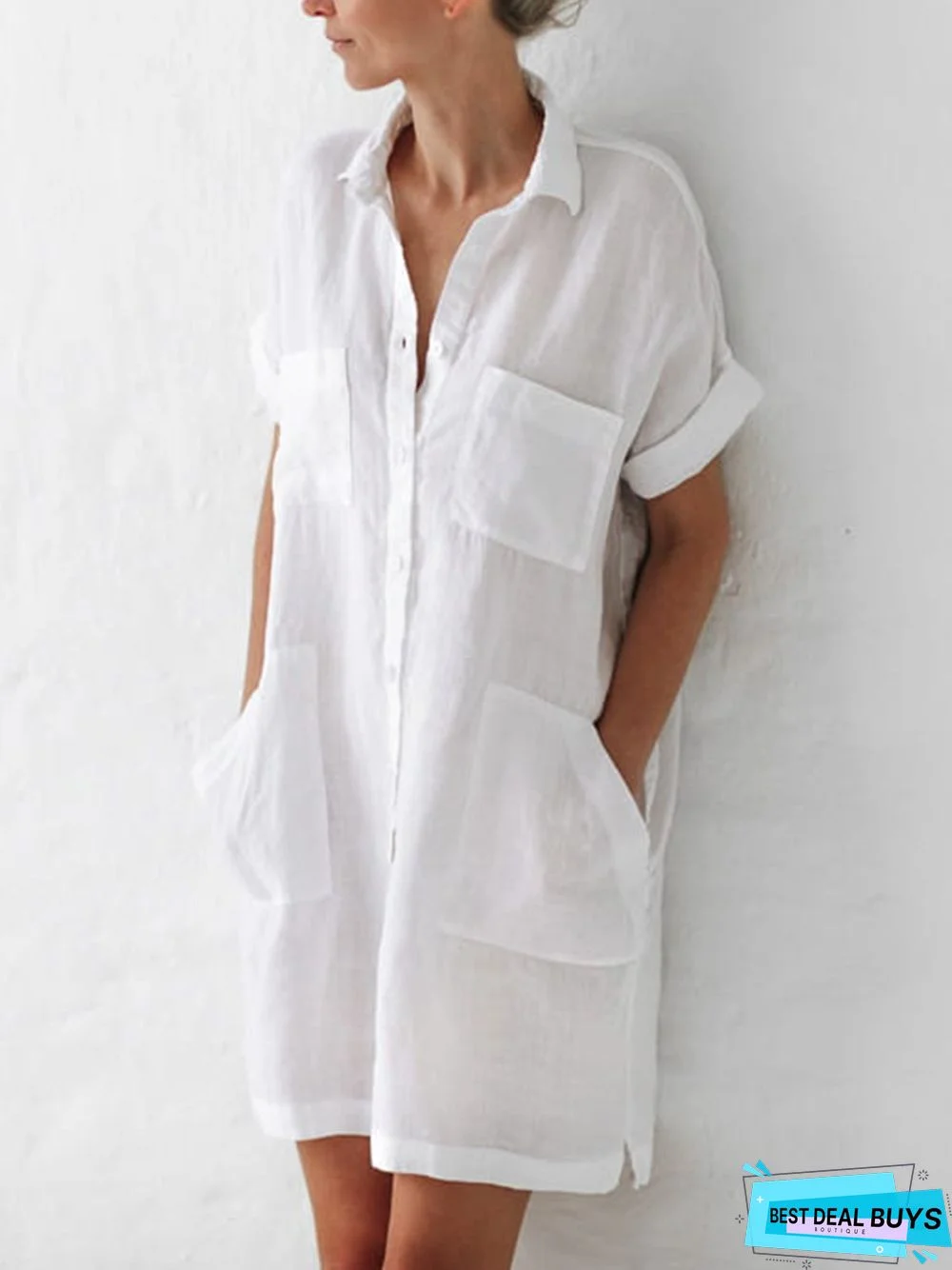 Plus Size Women Solid V Neck Cotton Short Sleeveless Loose Casual Shirt Weaving Dress