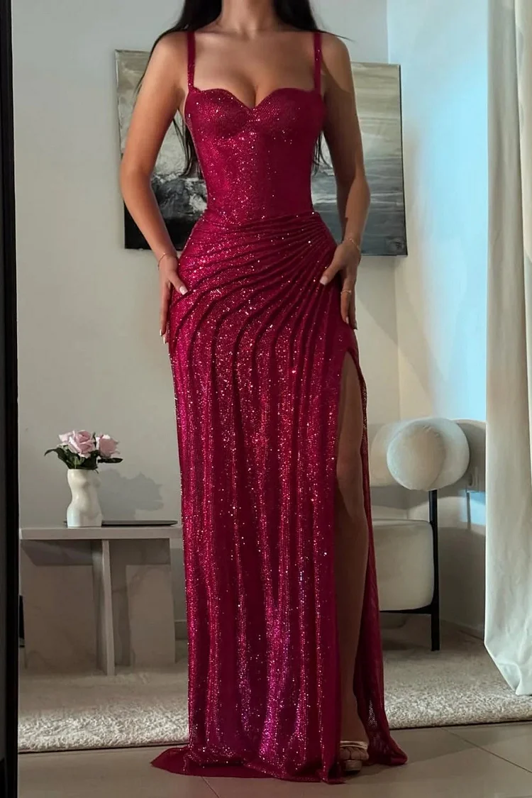 Gorgeous and shiny crimson glitter tight long slit prom dress 