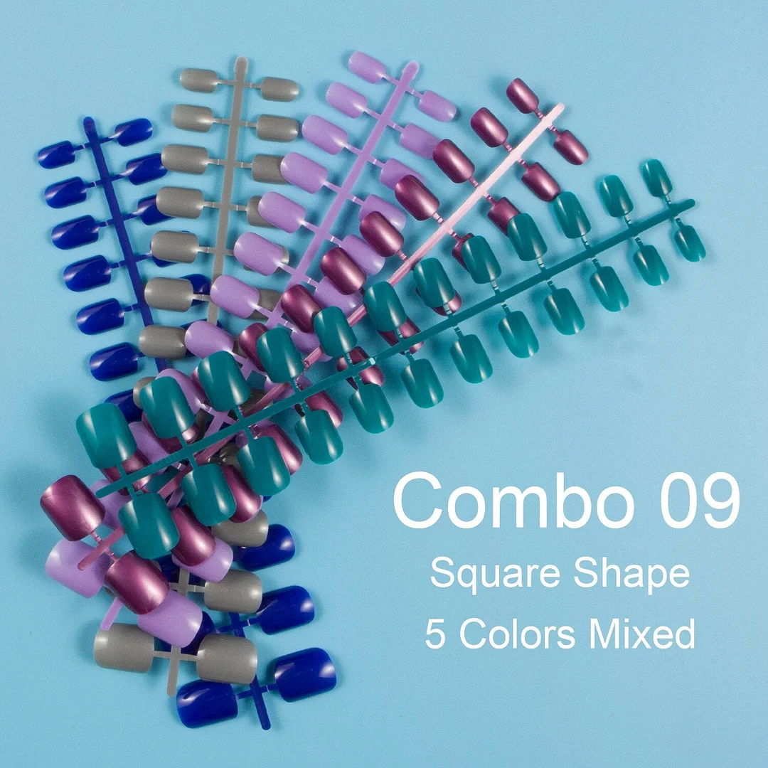 24 Pieces/Set, 5 Sets Mixed Colors Short Square False Nail Tips Press on Fake Nail Tips 10 Sizes Full Cover Nails Combo 09-Nail Inspo