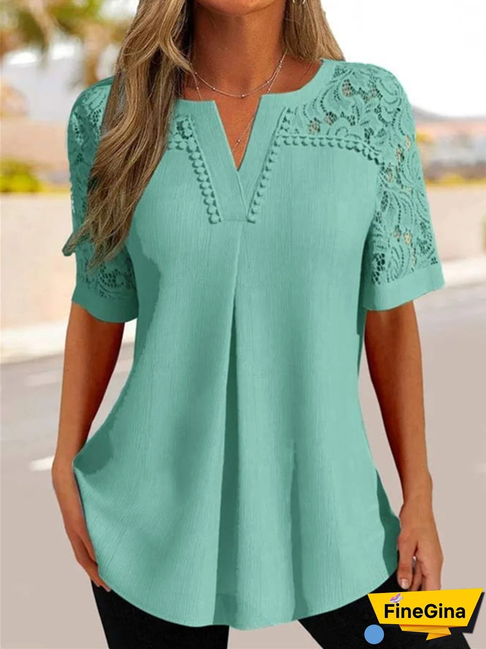 Women's Lace Short Sleeve V-neck Top