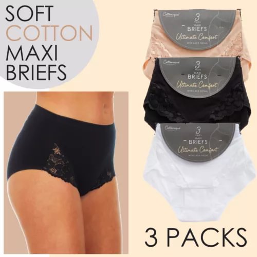 pornhint Pornhint 3 Pack Ladies Cotton Maxi Briefs with Floral Lace High Waist Knickers Underwear New